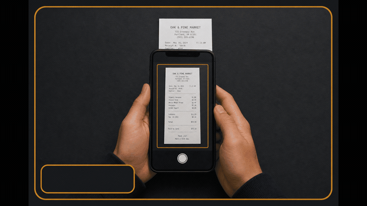 Animated guide: recommended way to photograph a receipt so vendor, ABN, total and date stay sharp and in view