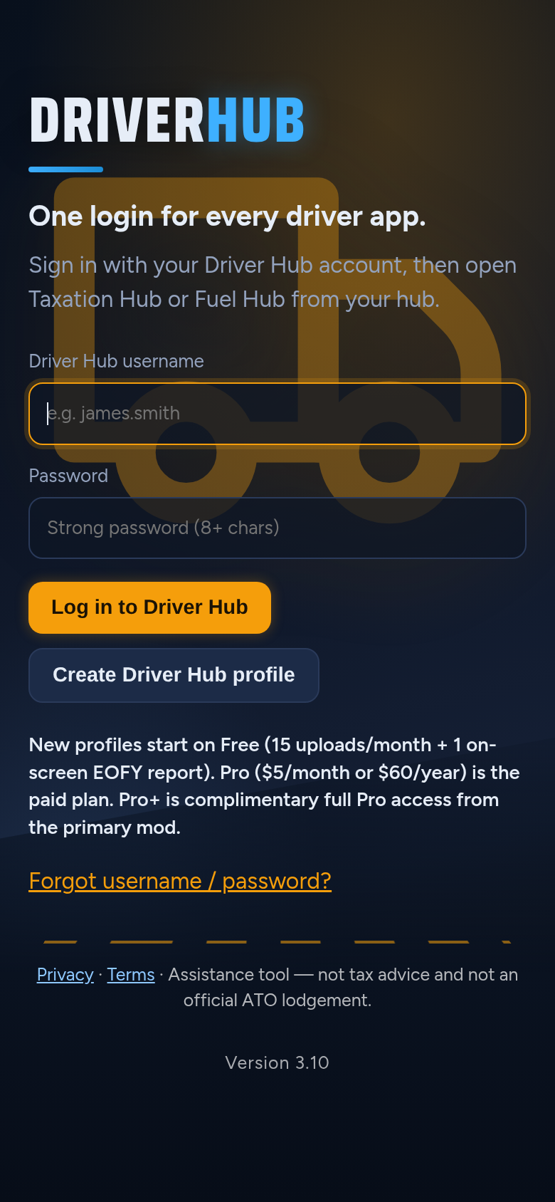 Driver Hub login screen